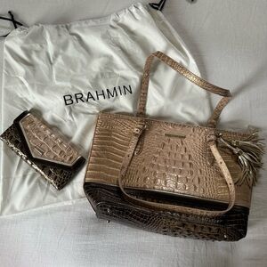 Brahmin Beige and Dark Brown Croc-Embossed Tote
